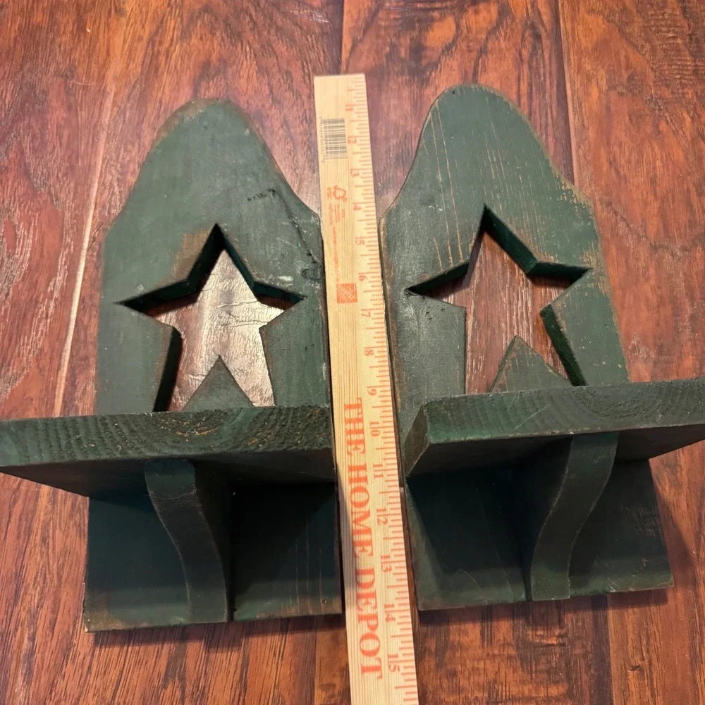 Rustic Primitive Country Star Wall Sconce Shelves Set 2 Green Distressed Wood